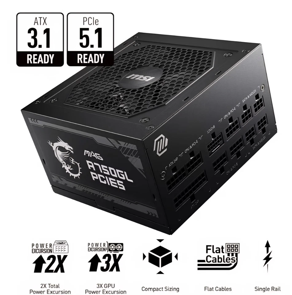 MSI - MAG A750GL PCIE 5 750W ATX 3.1 Full Modular 80+ Gold Gaming Power Supply - Image 2 of 4