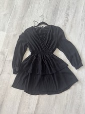 Zara Black Long Sleeve Ruffle Tiered Mini Dress V-Neck Smocked Waist Size S