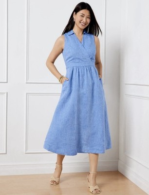 fit and flare chambray dress Talbots 10p Linen Chambray Shirt Dress Sleeveless Midi Fit Flare V Neck NWT