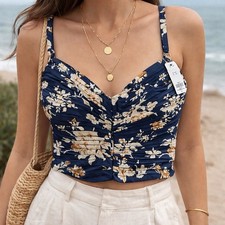 Abercrombie  Fitch Floral Corset Crop Top XS NWT Navy Silky Smocked Back Cami