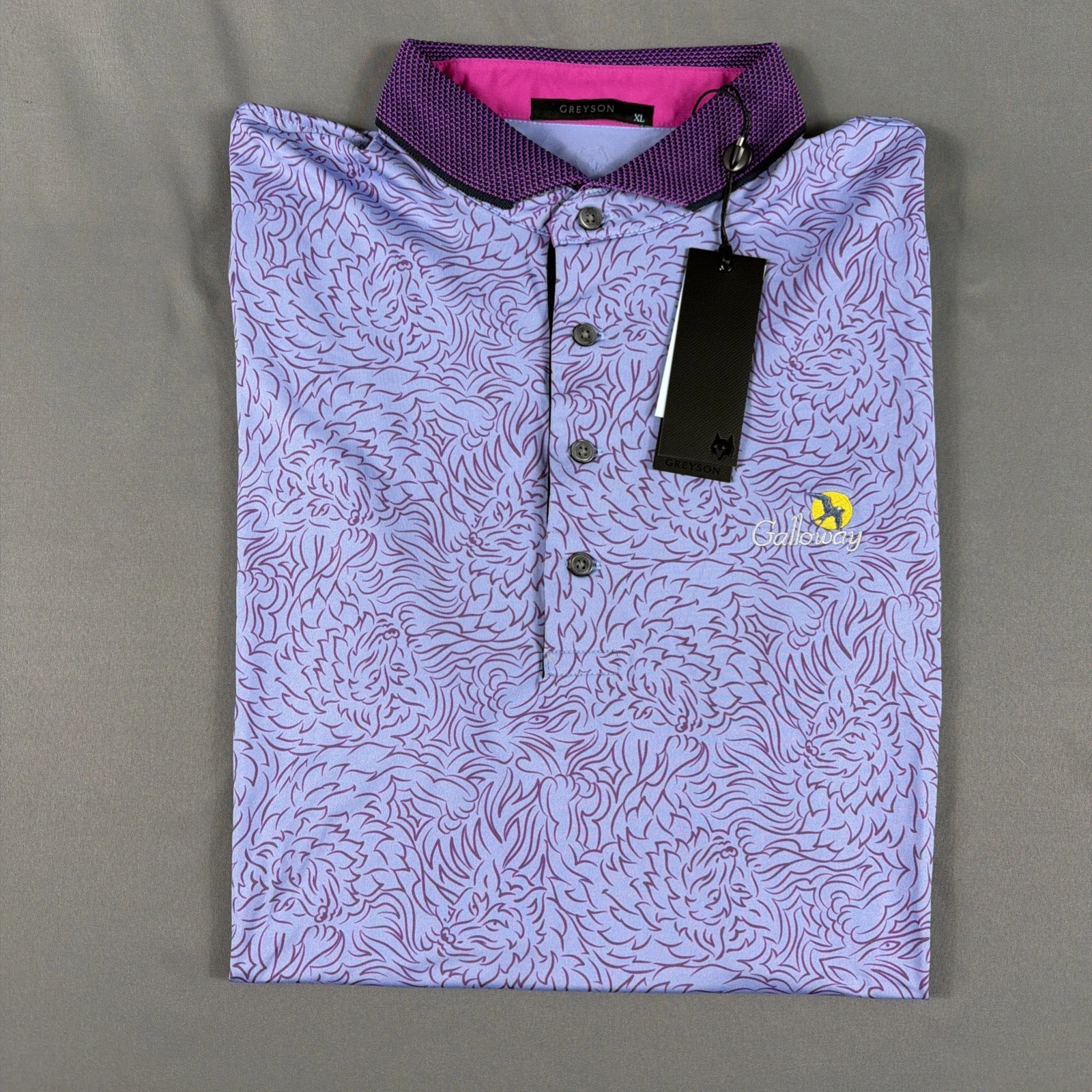 Greyson Golf Shirt Polo Chest Logo Den of Thieves Print XL Purple NWT MSRP $118