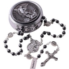 HanlinCC Saint Michael the Archangel Hematite Black Stone Beads Rosary 