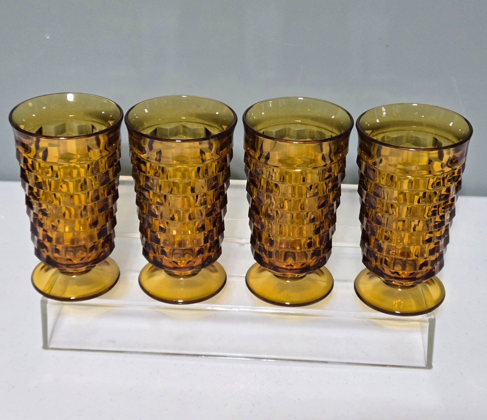 Set of 4 INDIANA GLASS Colony Whitehall Amber Cubist Drinking Glass Tumblers  6"