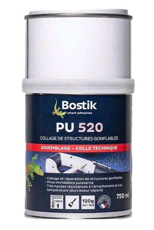 Colle Bostik PU 520 avec durcisseur pour réparer un bateau pneumatique Zodiac et bâche de piscine