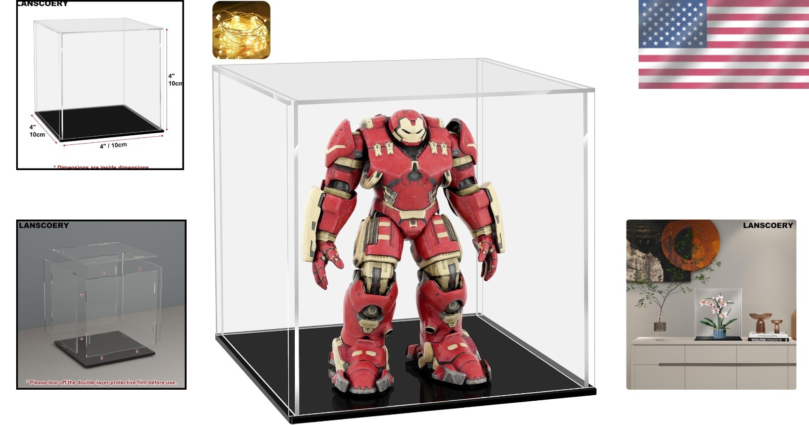 Elegant 4x4 Acrylic Display Case with Black Base & LED Light for Collectibles