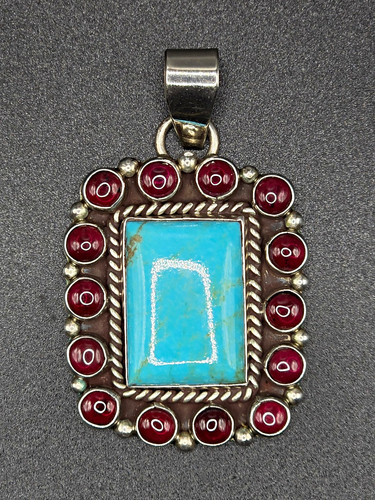 Navajo DJM Signed Sterling Silver Rectangle Bezel Turquoise Pendant w/ Garnet