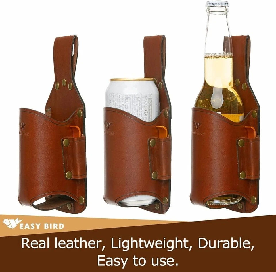 Nuevo soporte para lata de cerveza de cuero marrón Easy Bird de 8,5" - Viene con abrebotellas Foto 4 de 4