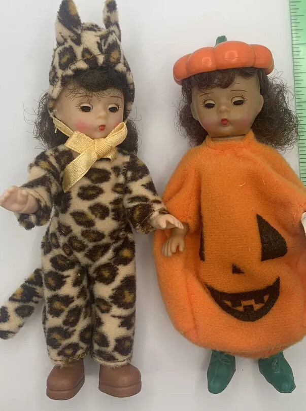 Two Madame Alexander Mini Dolls Halloween Pumpkin & Leopard