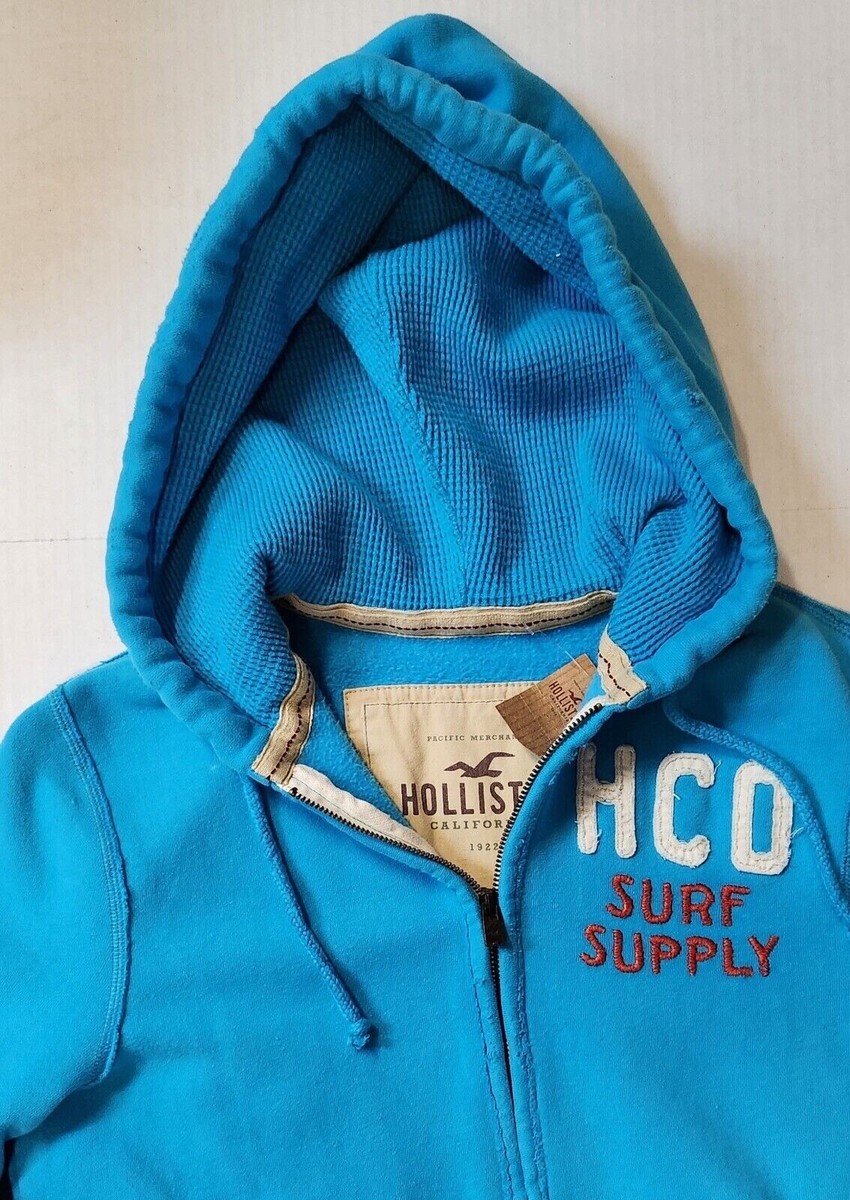 Hollister Mens Distressed Vintage Blue Full Zip Waffle Hoodie