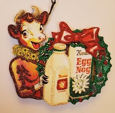 ELSIE COW, BORDEN - EGG NOG & WREATH * Glitter CHRISTMAS ORNAMENT Vtg Img