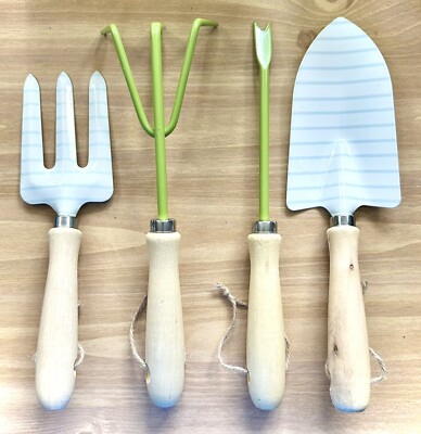 Gardening Hand Tool Set ~ 4 Pieces ~ White & Light Blue Stripe, Green ~ ! !