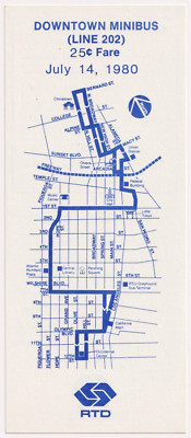 Vintage RTD Downtown Minibus Streckenkarte Karte Linie 202 Los Angeles California 1980