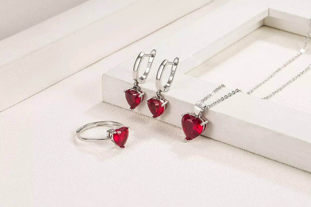925 Sterling Silver Red Crystal Heart Necklace Earrings Ring Women