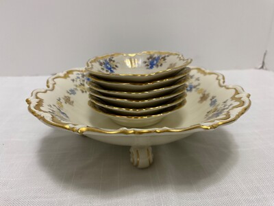 Vintage 7pc Edelstein Bavaria NUT SET 15721 Blue & Gold Decorated Server & 6