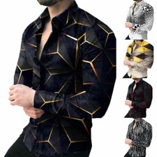 Casual-Button Down Shirt Men Printed Fashion Casual Long Sleeve Party Tee Tops