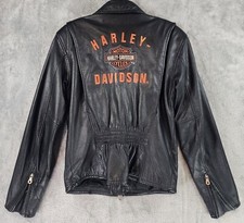 Harley-Davidson Jacket Womens Small Black Leather Logo Motorcycle Biker Full Zip