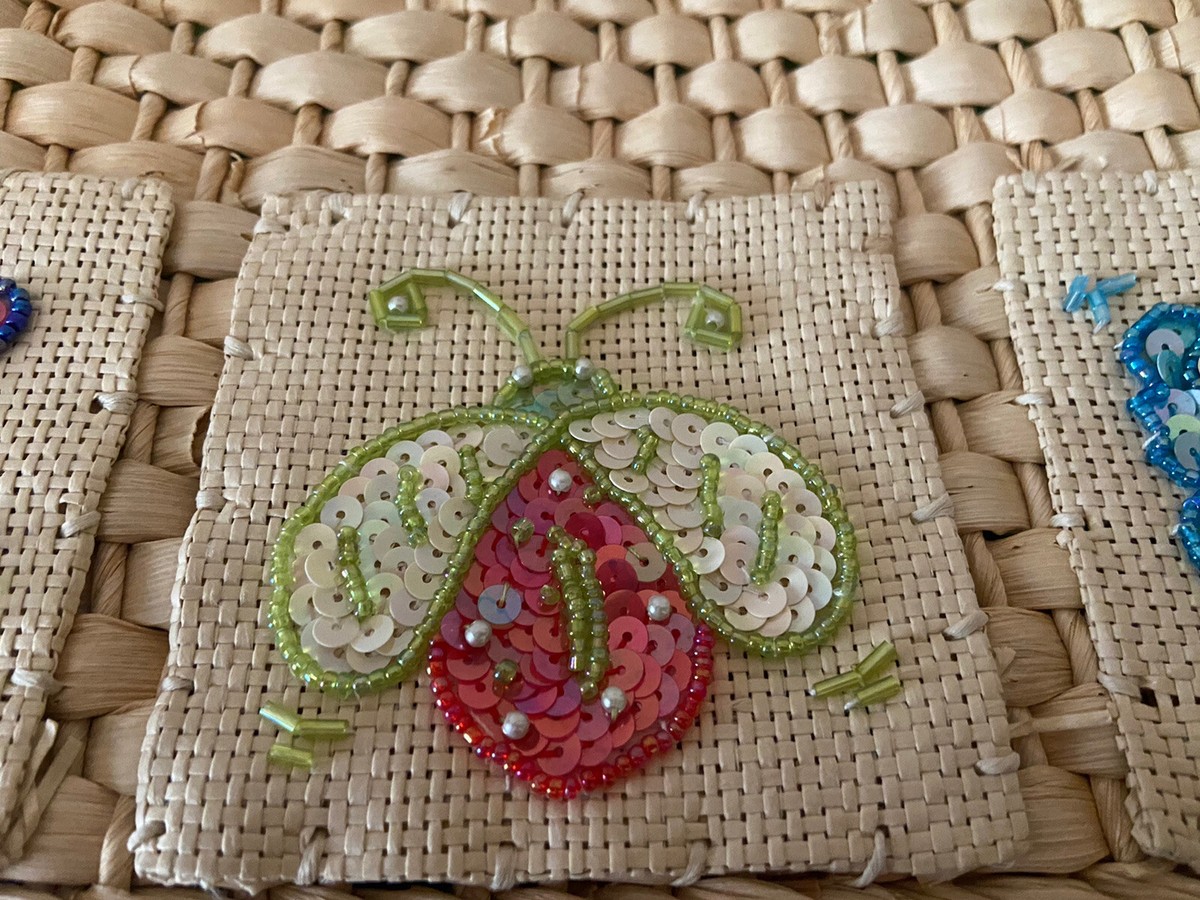 Quacker Factory Butterfly Sequin Beaded Straw Bag Corn Husk Handbag Purse EUC View 5