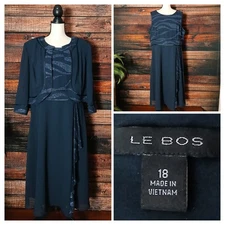 Le Bos Two Piece Dress Suit Plus Size 18 Midi Faux Wrap Navy Blue Glitter Formal