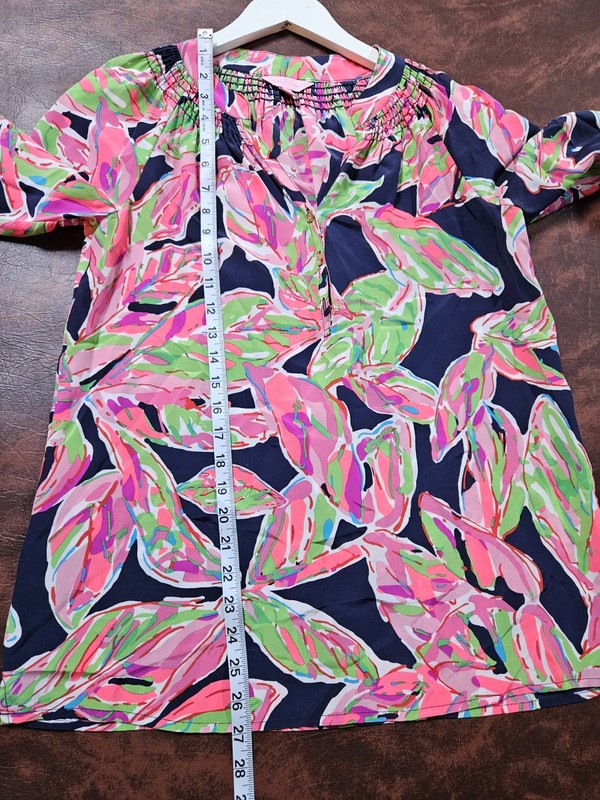 Lilly Pulitzer Elsa Silk Blouse in Navy, Pink & Lime Tropical Print, Size Small