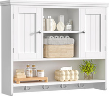 Mueble de baño grande de 31,5" montado en la pared con puertas, estantes y ganchos, blanco