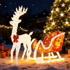 4FT Lighted Christmas Reindeer Santa Sleigh S...