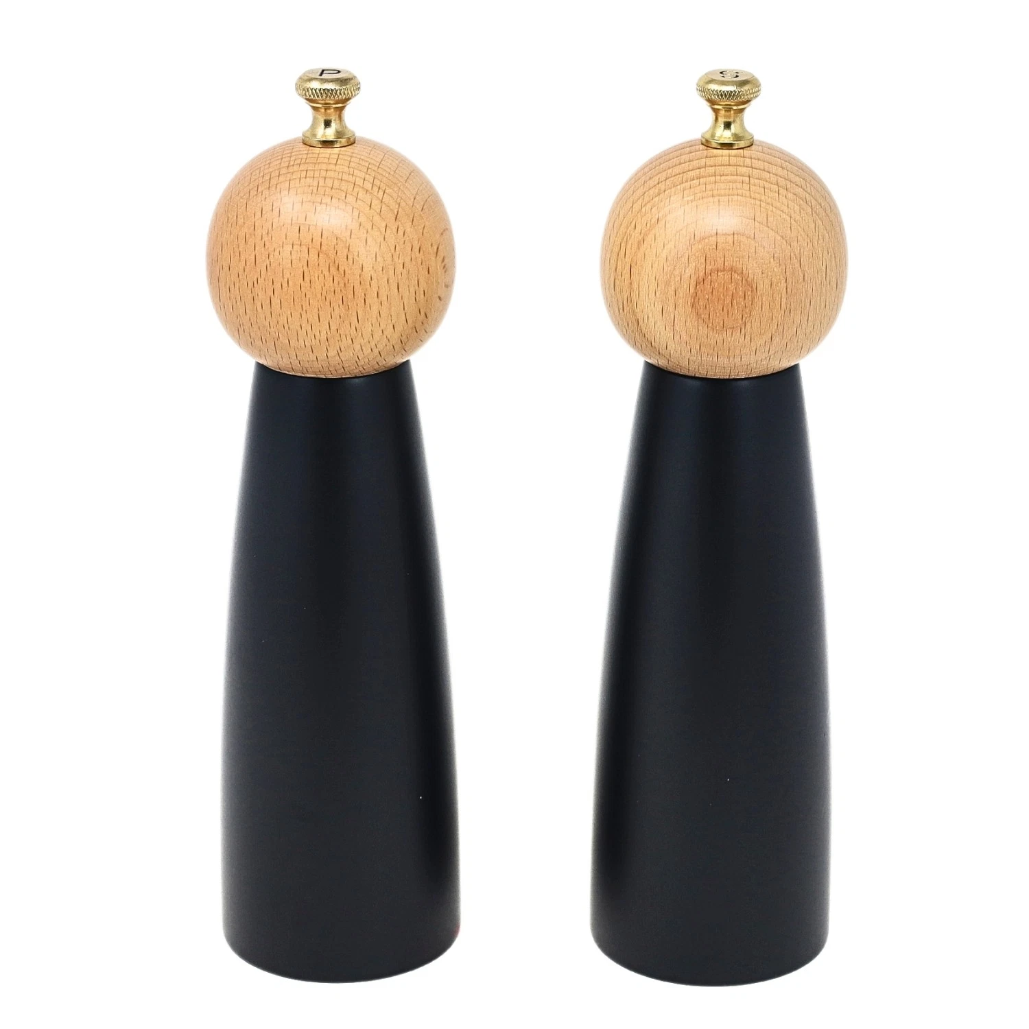 Salt & Pepper Mill 20cm Black Wood Manual Grinder Golden Knob Shakers 2pcs Set