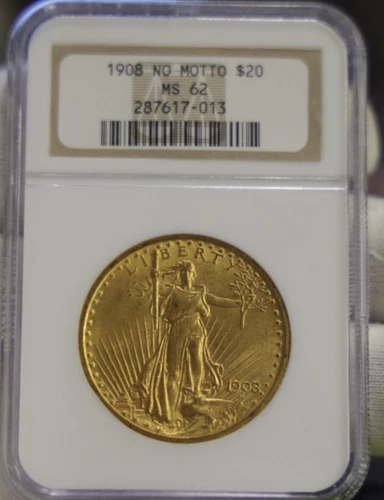1908 No Motto US $20 Saint Gaudens Gold Piece NGC MS62