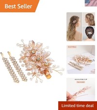 Floral Rhinestone Pearl Wedding Hair Clips, Set of 3, Gold Alligator Clip a...