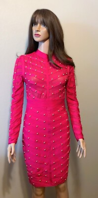 WOW Gold Label Couture Studded Bandage Hot Pink Long Sleeve Dress Size S |  eBay