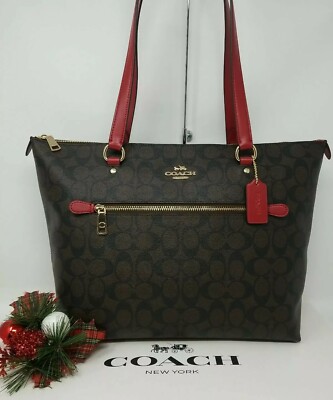 brown coach red tote bag