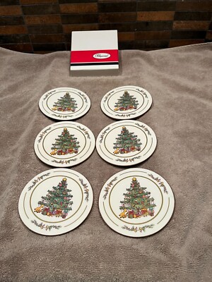 Pimpernel Spode Christmas Tree Round Cork-Back Coasters in Box