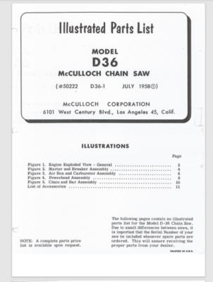 #ad #ad McCulloch D36 D36 1 Chainsaw Illustrated Parts List 1958 exploded views 11 pages $6.99