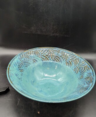 Handmade Studio Art Pottery 12.5'' Centerpiece Bowl Green Drip Glaze Signed Kumu