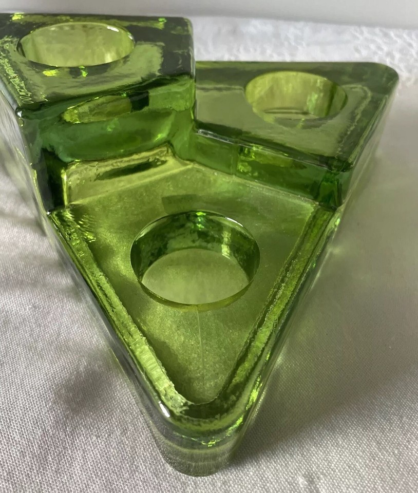 Triangle Votive Tea Light Candle Holder Heavy Green Glass Spain ...