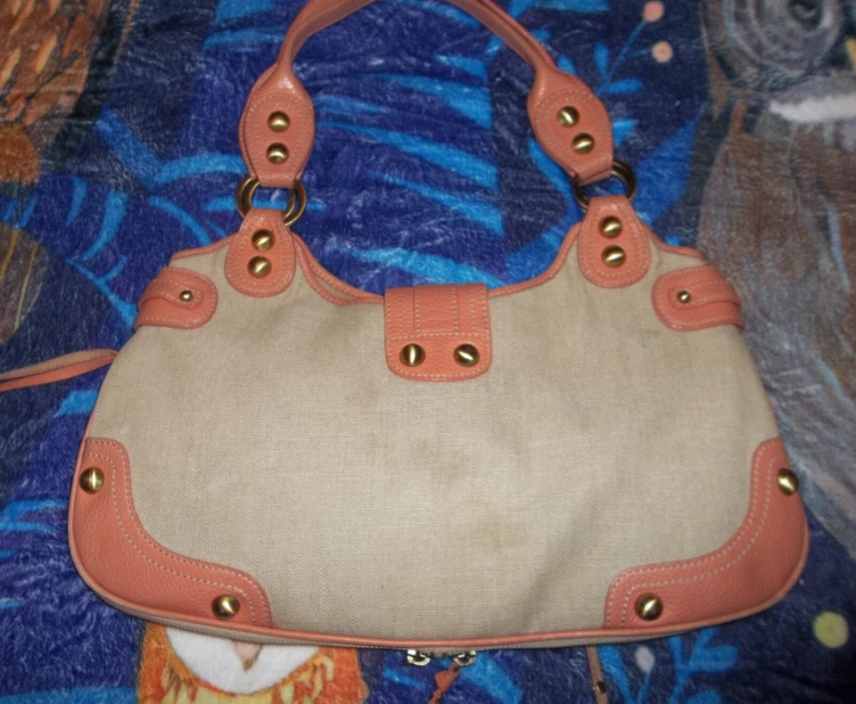 Rafe New York Linen & Leather Handbag Large Hobo Tan Coral Expandable  - Image 4 of 4