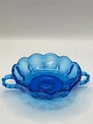 Vintage Anchor Hocking  scalloped Blue Glass Two Handle Candy Nut Dish Bowl