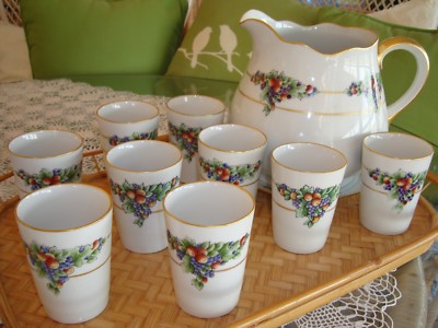 ANTIQUE BAVARIA HAND PAINTED LEMONADE ICED TEA SET, PITCHER, 9 CUPS, PLATE,FRUIT