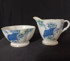 Cream And Sugar Set With Alaskan State Flag And Forget Me Not Flowers