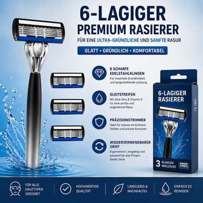 6-Lagiger Premium Rasierer Edelstahl Herren Rasur
