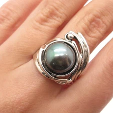 HAGIT GORALI 925 Sterling Vintage Israel Tahitian Pearl Modernist Ring Size 7.5