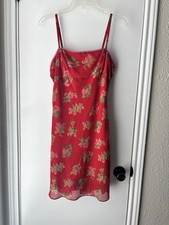 Vintage Betsey Johnson Red Floral Berry Chiffon Chemise Gown Strap Ruffle M