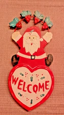Christmas Santa Claus Welcome Sign 11 " Wood Heart Vintage 1996 Roni Rohr