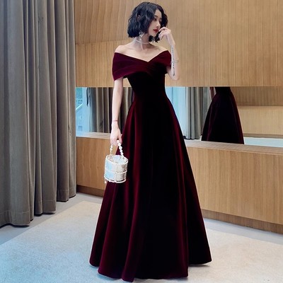 Spring Long Elegant Wine Red Sexy Velvet Evening Party Wedding Dresses for Women