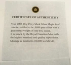 2006 COA FOR DOG CANADA $5 SILVER MAPLE LEAF - COA ONLY
