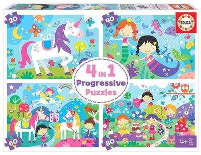 Educa Bajkowy Świat Progressive Puzzles 20-80 El. Einhörner Feen Prinzessinnen