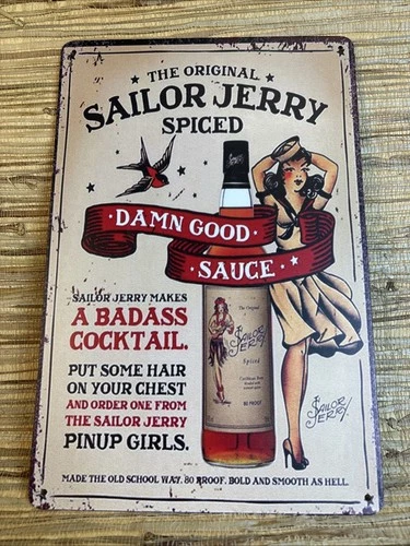 Tin Sign Vintage Retro Sailor Jerry Spiced Rum Damn Good Sauce Pinup Girl Badass
