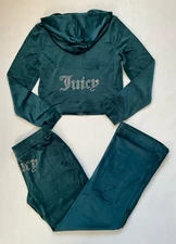 NEW NWT JUICY COUTURE Velour OG Bling Tracksuit Hoodie Pant Set Sea Sz M