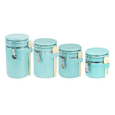 Turquoise Food Storage Canister Set with Wooden Spoons for Kitchen Organization