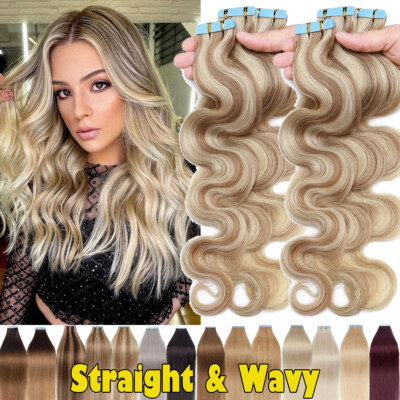 40 Tressen Tape In 100% Remy Echthaar Extensions Haarverlängerung Gewellt Glatt