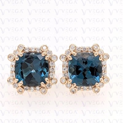 5.50ct Cushion Cut Natural Blue Topaz Diamond Stud Earring 14K Solid Yellow Gold